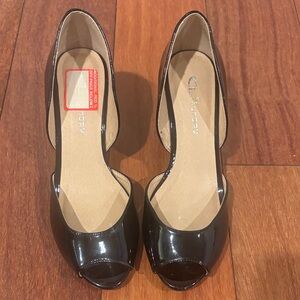 CL by Laundry wedge Black Patent Peep-Toe Heels